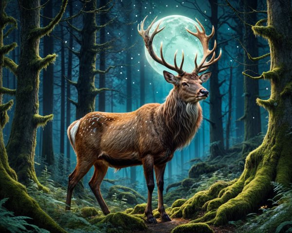 Majestic stag in a moonlit mystical forest setting