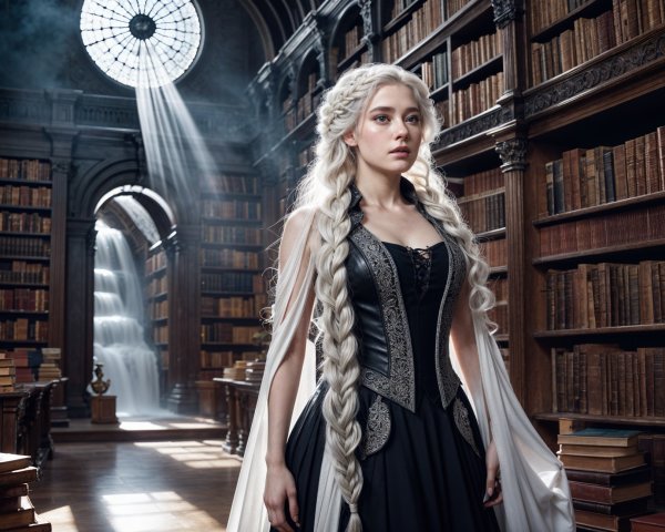Elegant Library Scene with Silver-Haired Woman