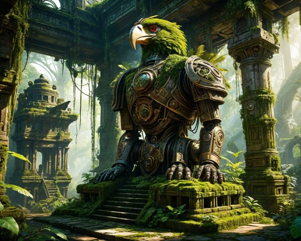 Robotic Parrot in Overgrown Temple Setting