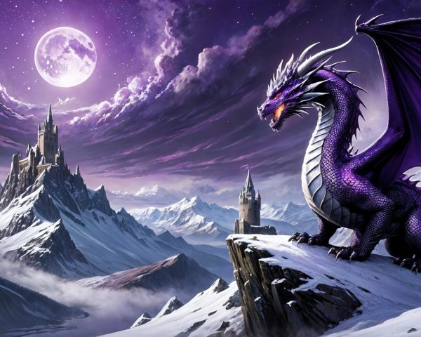 Purple Dragon Overlooks Snowy Mountains and Castle
