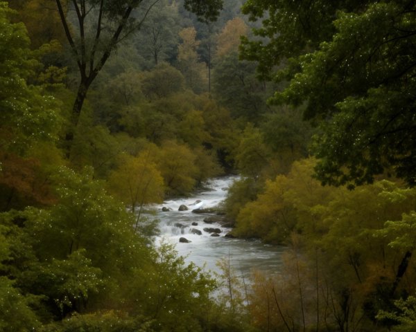 Serene River Flowing Through Lush Forest Landscape