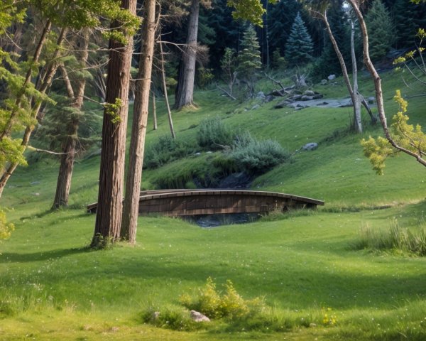 Serene Landscape with Wooden Bridge and Pine Trees