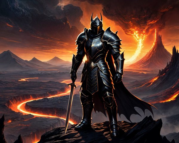 Warrior in Dark Armor Amidst Volcanic Landscape