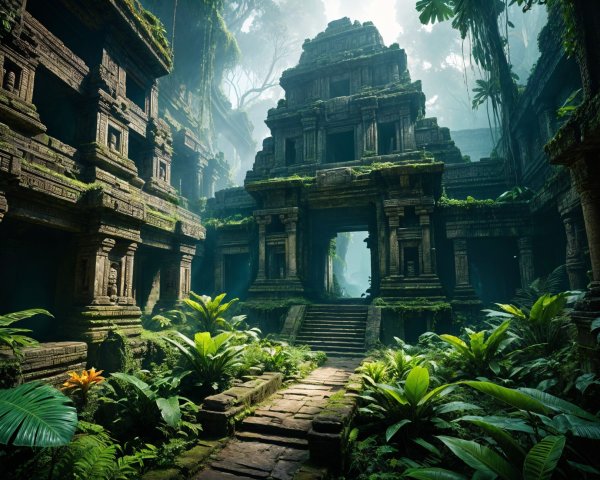 Ancient Stone Ruins Surrounded by Lush Jungle Greenery