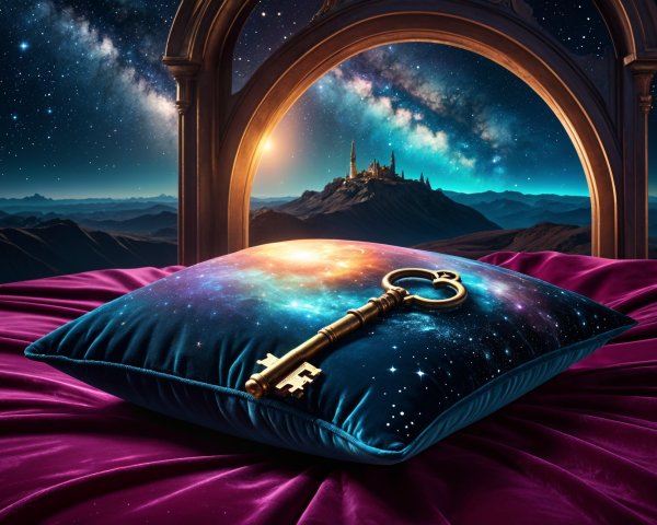 Cosmic Cushion on Purple Bedspread with Night Landscape
