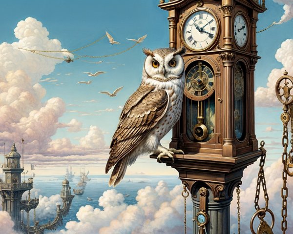 Majestic owl atop clock tower with steampunk airships