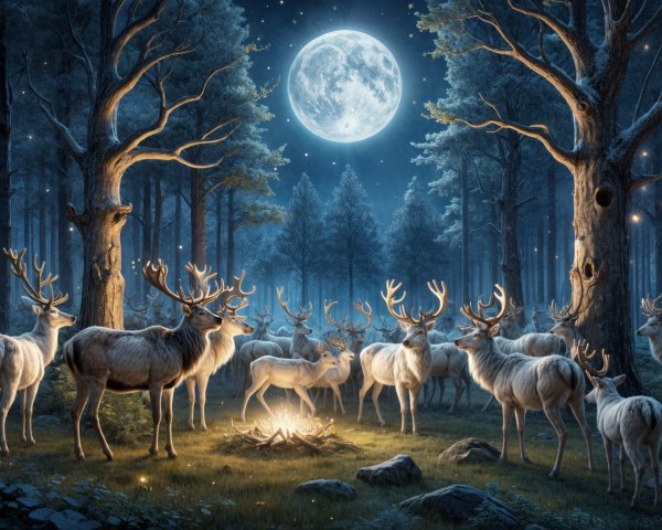 Majestic deer by a campfire in a moonlit forest