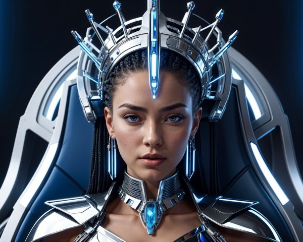 Futuristic figure in metallic armor with glowing backdrop