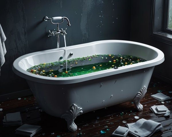 Vintage Clawfoot Bathtub with Green Water and Petals