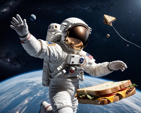 Astronaut Gliding in Space with Giant Sandwiches
