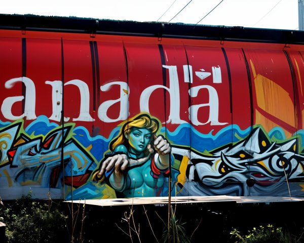 Vibrant Mural on Red Train Car with Blue-Haired Woman
