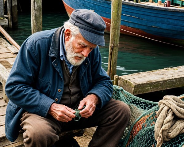 Elderly Fisherman Working on Nets at Rustic Dock