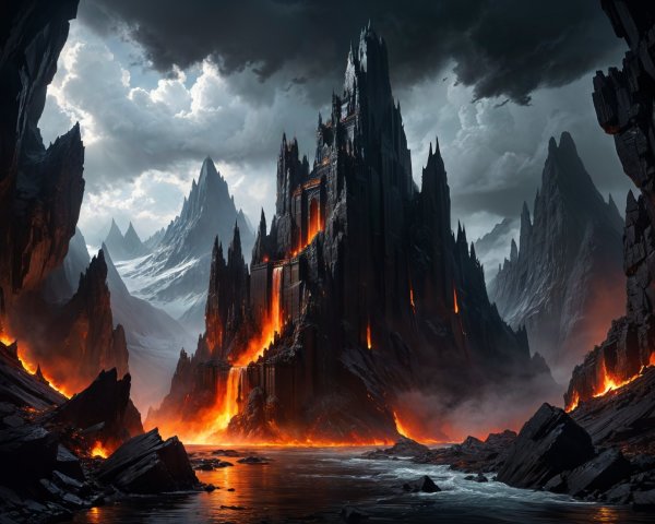 Dramatic Landscape with Dark Fortress and Lava Rivers