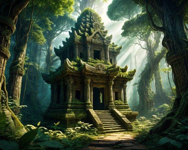 Ancient temple surrounded by dense jungle foliage