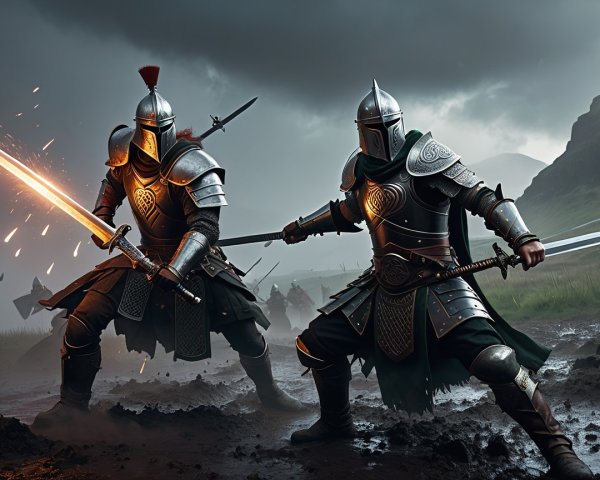 Armored Knights in Intense Battlefield Combat Scene