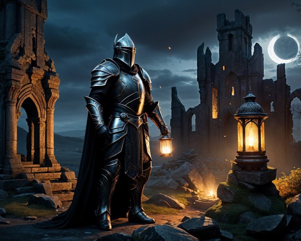 Knight in Armor Among Ancient Ruins at Night