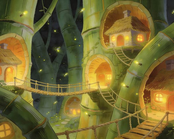 Whimsical Village Inside Bamboo Stalks Under Stars