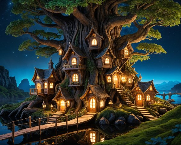 Whimsical Treehouse Village Under a Starry Sky