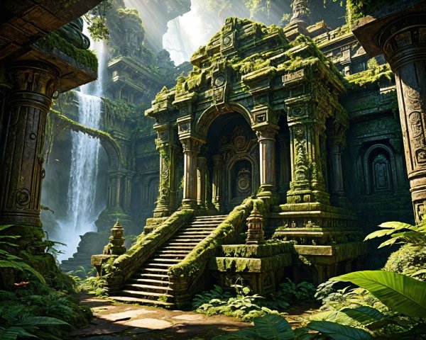 Ancient Temple Surrounded by Lush Greenery and Waterfalls