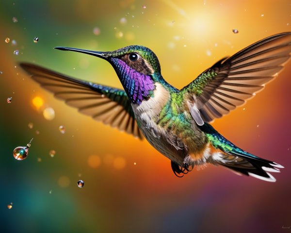 Vibrant Hummingbird in Mid-Flight with Colorful Background
