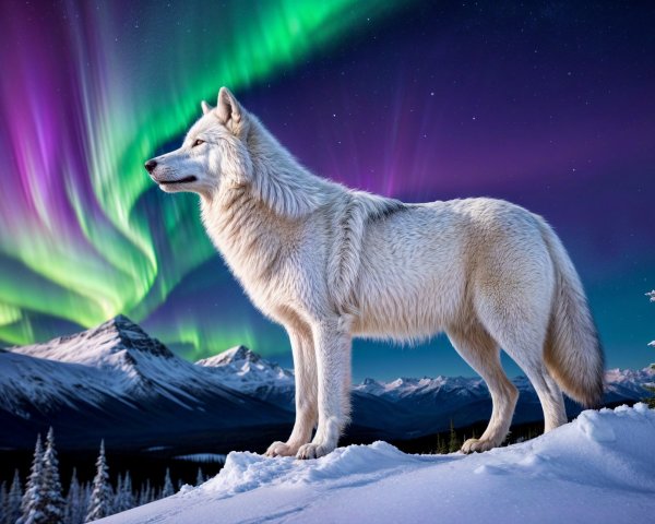 Majestic white wolf on snowy mountain with northern lights