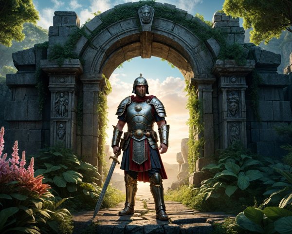 Armored Warrior Under Ancient Stone Archway