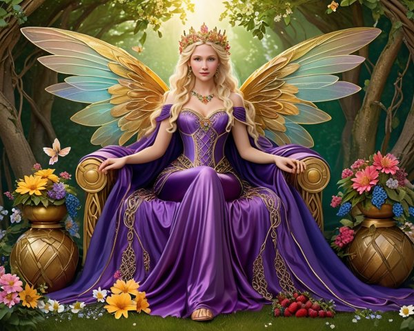 Regal fairy on golden throne in enchanted forest