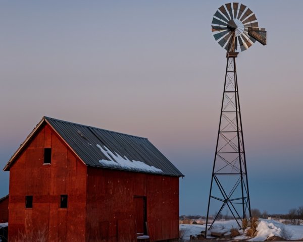 Rustic Barn and Windmill Under Twilight Sky