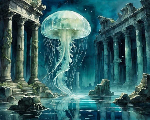 Luminous Jellyfish in Moonlit Underwater Ruins