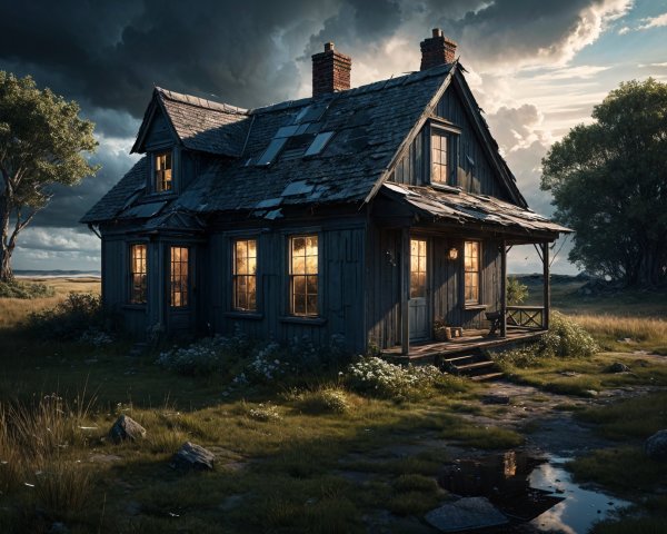 Weathered Cottage in Grassy Landscape Under Dramatic Sky