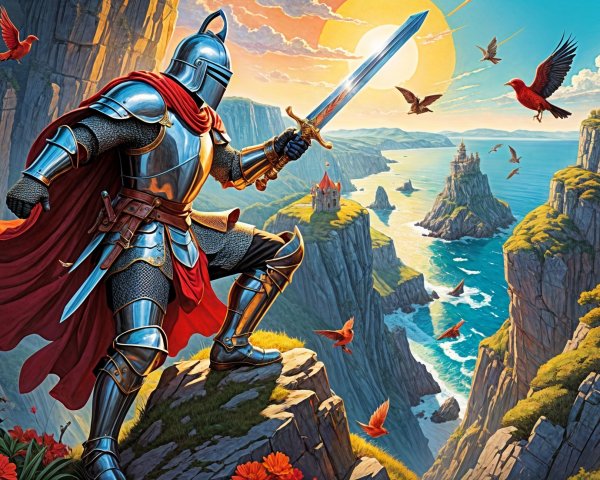 Knight on Cliff with Sword at Sunrise Over Coastline