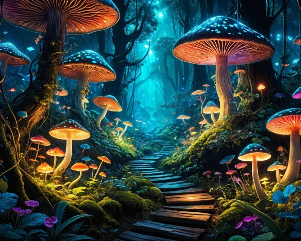Magical Forest with Bioluminescent Fungi and Mushrooms