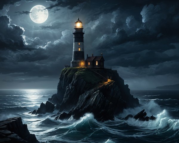 Lighthouse on Cliff Under Moonlit Stormy Sky