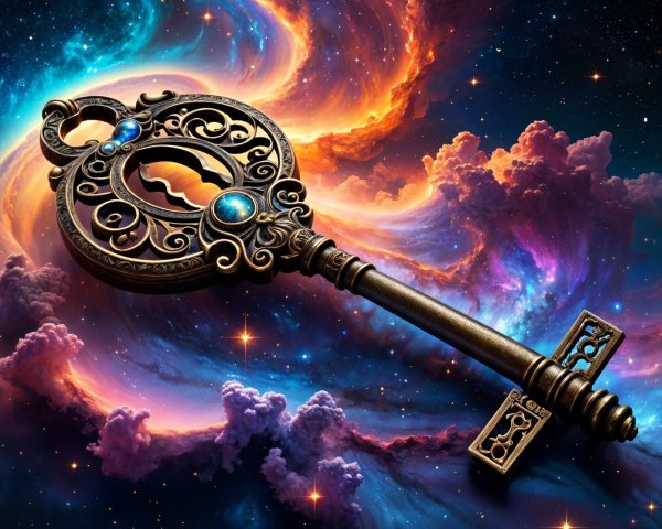Ornate Key Against Vibrant Cosmic Background