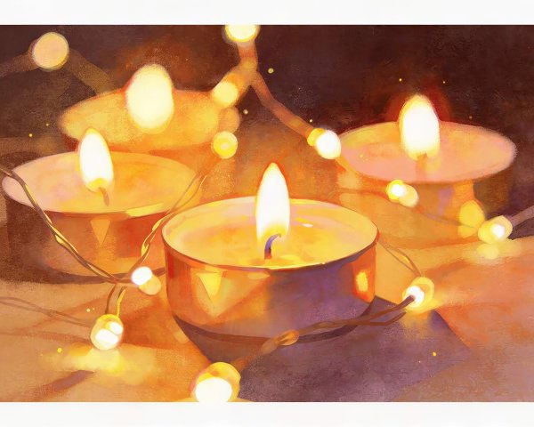Digital painting of tea light candles with fairy lights