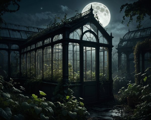 Mystical Greenhouse Under Full Moonlight with Vines