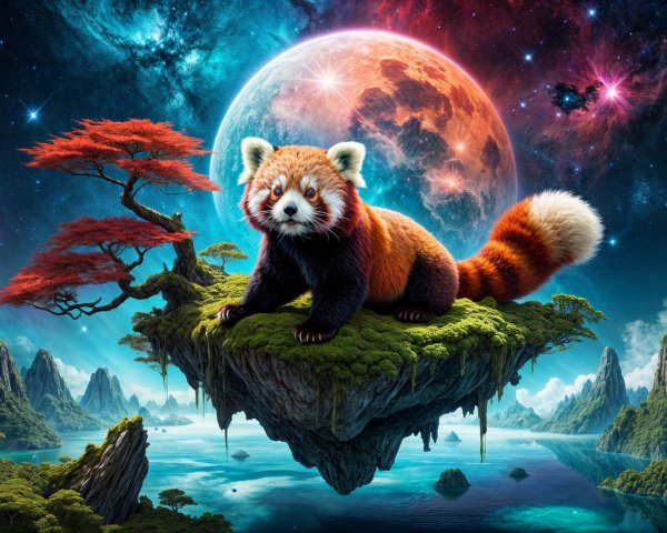 Red Panda on Floating Island with Cosmic Backdrop