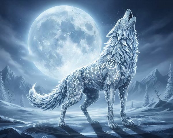 Mystical Ice-Encrusted Wolf Howling at Full Moon