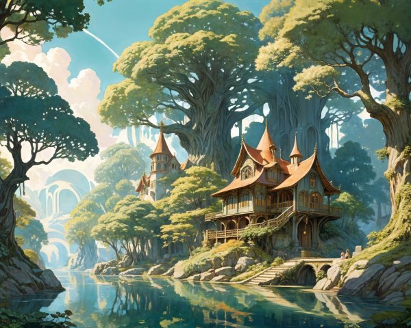 Whimsical Landscape with Charming Wooden House and River