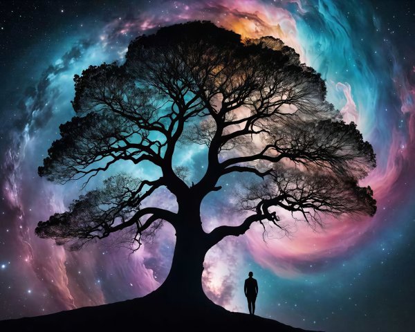 Detailed Fantasy Landscape with Nebula and Silhouetted Tree