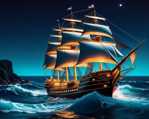 Majestic sailing ship on turbulent ocean at night
