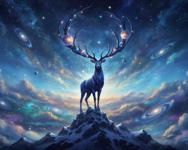 Cosmic Deer on Snowy Peak Under Starry Sky