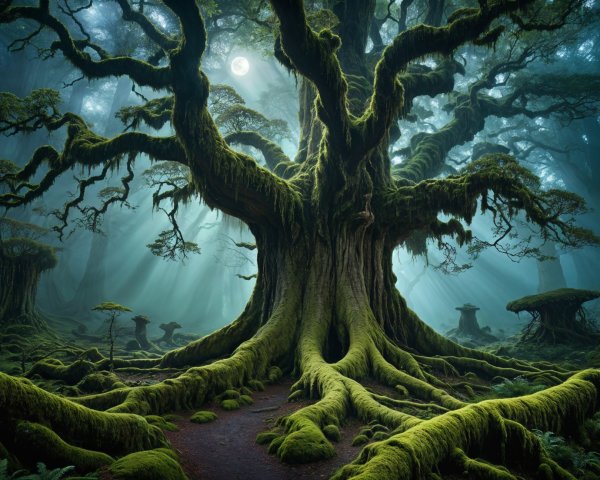 Ancient Tree in Enchanted Misty Forest Setting