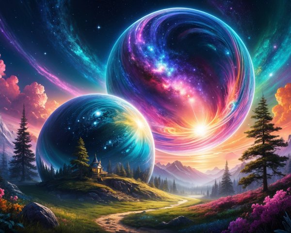 Cosmic Landscape with Vibrant Orbs and Lush Nature