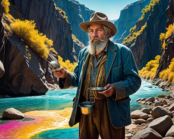 Elderly Man Collecting from Colorful Canyon River