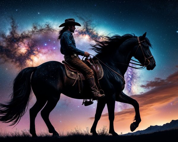 Cowboy on Black Horse Against Cosmic Background