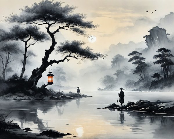 Monochromatic Landscape with River and Figures
