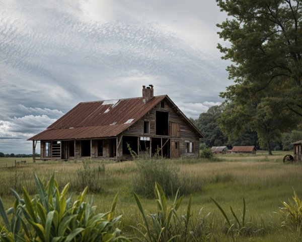 Old Barn in Green Field Surrounded by Trees and Grasses