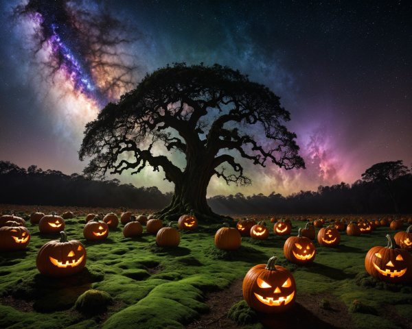 Grand Tree and Carved Pumpkins Under Starry Sky