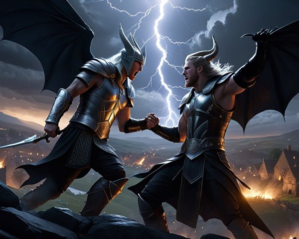 Armored Warriors Battling with Dragon Wings on Cliff